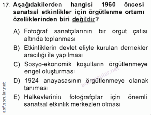 17. soru: Aşağıdakilerden hangisi 1960 öncesi sanatsal etkinlikler için örgütlenme ortamı özelliklerinden biri değildir? A) Fot…