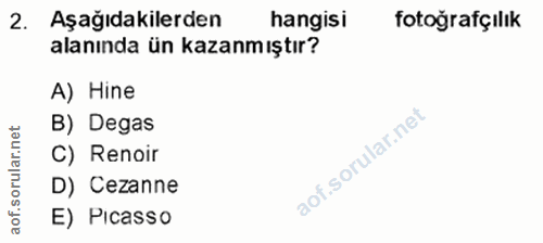 2. soru: Aşağıdakilerden hangisi fotoğrafçılık alanında ün kazanmıştır? A) Hine B) Degas rular.n C) Renoir D) Cezanne of.s E)…