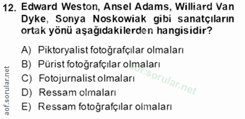 12. soru: Edward Weston, Ansel Adams, Williard Van Dyke, Sonya Noskowiak gibi sanatçıların ortak yönü aşağıdakilerden hangisidi…