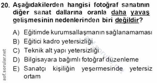 20. soru: Aşağıdakilerden hangisi fotoğraf sanatının diğer sanat dallarına oranla daha yavaş gelişmesinin nedenlerinden biri de…