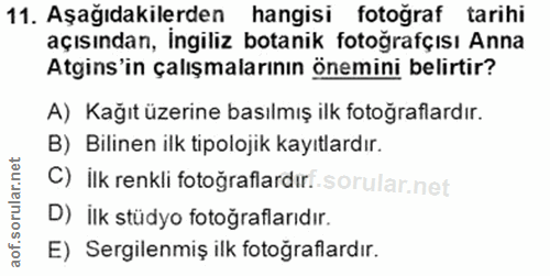 11. soru: Aşağıdakilerden hangisi fotograf tarihi açısından, İngiliz botanik fotoğrafçısı Anna Atgins'in çalışmalarının önemini…