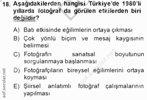 18. soru: Aşağıdakilerden hangisi Türkiye'de 1980'li yıllarda fotoğraf da görülen etkilerden biri değildir? A) Batı etkisinde e…