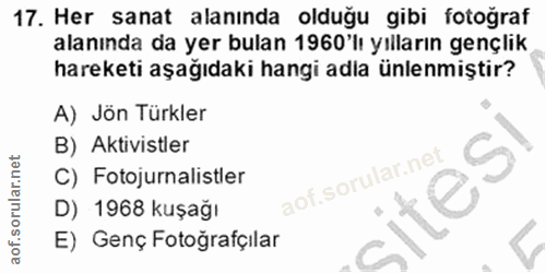 17. soru: Her sanat alanında olduğu gibi fotoğraf alanında da yer bulan 1960'lı yılların gençlik hareketi aşağıdaki hangi adla…