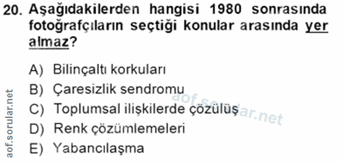 20. soru: Aşağıdakilerden hangisi 1980 sonrasinda fotoğrafçıların seçtiği konular arasında yer almaz? A) Bilinçaltı korkuları B…