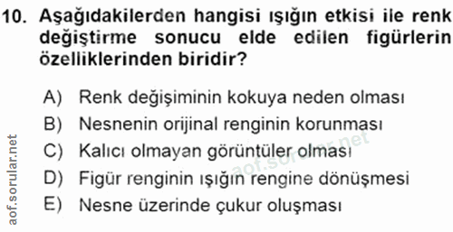 10. soru: Aşağıdakilerden hangisi ışığın etkisi ile renk değiştirme sonucu elde edilen figürlerin özelliklerinden biridir? A) R…