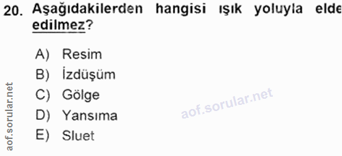 20. soru: Aşağıdakilerden hangisi ışık yoluyla elde edilmez? A) Resim B) İzdüşüm net C) Gölge oru D) Yansıma aof. E) Sluet