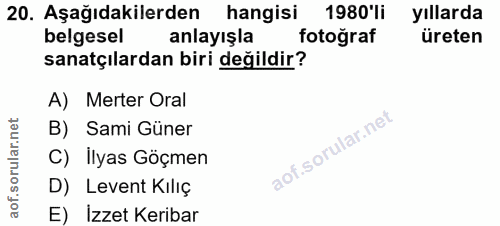 20. soru: Aşağıdakilerden hangisi 1980'li yıllarda belgesel anlayışla fotoğraf üreten sanatçılardan biri değildir? A) Merter Or…