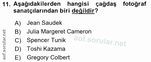 11. soru: Aşağıdakilerden hangisi çağdaş fotoğraf sanatçılarından biri değildir? A) Jean Saudek B) Julia Margeret Cameron C) Sp…