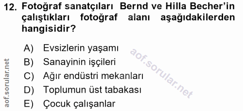 12. soru: Fotoğraf sanatçıları Bernd ve Hilla Becher'in çalıştıkları fotoğraf alanı aşağıdakilerden hangisidir? A) Evsizlerin y…