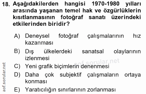 18. soru: Aşağıdakilerden hangisi 1970-1980 yılları arasında yaşanan temel hak ve özgürlüklerin kısıtlanmasının fotoğraf sanatı…