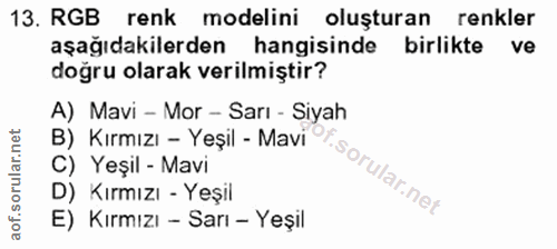 13. soru: RGB renk modelini oluşturan renkler aşağıdakilerden hangisinde birlikte ve doğru olarak verilmiştir? A) Mavi - Mor -…