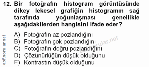 12. soru: Bir fotoğrafın histogram görüntüsünde dikey lekesel grafiğin histogramın sağ tarafında yoğunlaşması genellikle aşağıd…