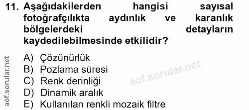 11. soru: Aşağıdakilerden hangisi sayısal fotoğrafçılıkta aydınlık ve karanlık bölgelerdeki detayların kaydedilebilmesinde etki…