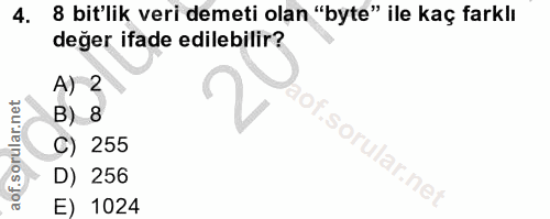 4. soru: 8 bit'lik veri demeti olan "byte" ile kaç farklı değer ifade edilebilir? A) 2 B) 8 C) 255 D) 256 E) 1024