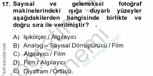 17. soru: Sayısal ve geleneksel fotoğraf makinelerindeki ışığa duyarlı yüzeyler aşağıdakilerden hangisinde birlikte ve doğru sı…