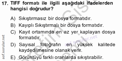 17. soru: TIFF formatı ile ilgili aşağıdaki ifadelerden hangisi doğrudur? A) Sıkıştırmasız bir dosya formatıdır. B) Kayıplı Sık…