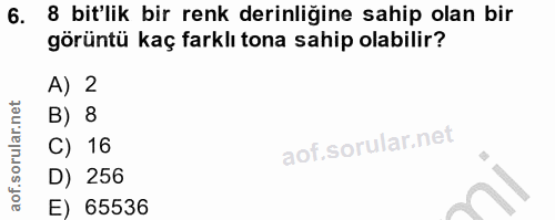 6. soru: 8 bit'lik bir renk derinliğine sahip olan bir görüntü kaç farklı tona sahip olabilir? A) 2 B) 8 C) 16 D) 256 E) 65536