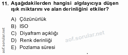 11. soru: Aşağıdakilerden hangisi algılayıcıya düşen ışık miktarını ve alan derinliğini etkiler? A) Çözünürlük B) ISO C) Diyafr…