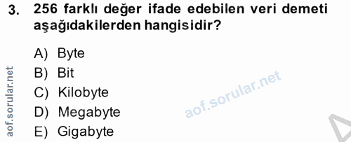 3. soru: 256 farklı değer ifade edebilen veri demeti aşağıdakilerden hangisidir? A) Byte B) Bit C) Kilobyte D) Megabyte E) Gig…