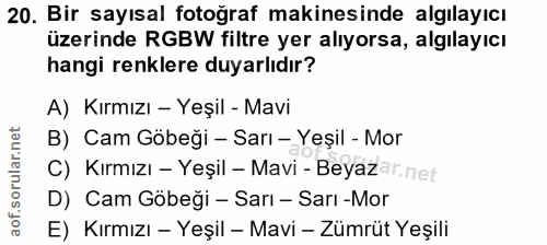 20. soru: Bir sayısal fotoğraf makinesinde algılayıcı üzerinde RGBW filtre yer alıyorsa, algılayıcı hangi renklere duyarlıdır?…