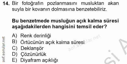 14. soru: Bir fotoğrafın pozlanmasını musluktan akan suyla bir kovanın dolmasına benzetebiliriz. Bu benzetmede musluğun açık ka…