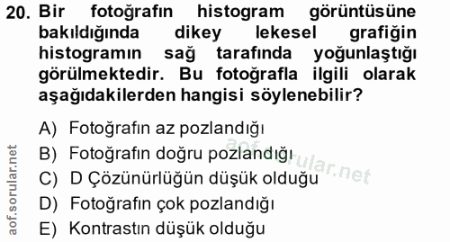 20. soru: Bir fotoğrafın histogram görüntüsüne bakıldığında dikey lekesel grafiğin histogramın sağ tarafında yoğunlaştığı görül…