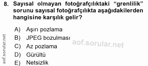 8. soru: Sayısal olmayan fotoğrafçılıktaki "grenlilik" sorunu sayısal fotoğrafçılıkta aşağıdakilerden hangisine karşılık gelir…