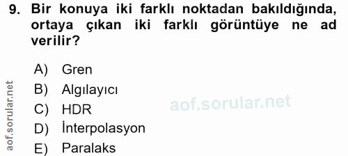 9. soru: Bir konuya iki farklı noktadan bakıldığında, ortaya çıkan iki farklı görüntüye ne ad verilir? A) Gren B) Algılayıcı C…
