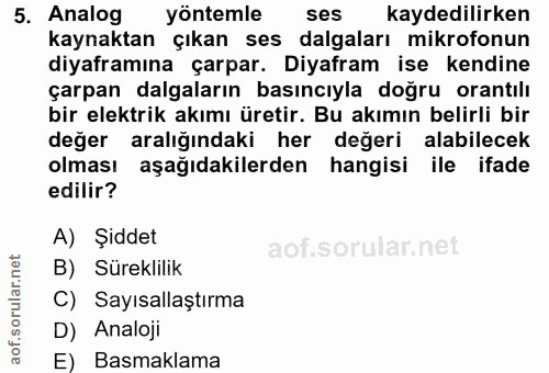 5. soru: Analog yöntemle ses kaydedilirken kaynaktan çıkan ses dalgaları mikrofonun diyaframına çarpar. Diyafram ise kendine ç…