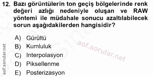 12. soru: Bazı görüntülerin ton geçiş bölgelerinde renk değeri azlığı nedeniyle oluşan ve RAW yöntemi ile müdahale sonucu azalt…