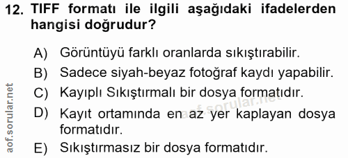12. soru: TIFF formatı ile ilgili aşağıdaki ifadelerden hangisi doğrudur? A) Görüntüyü farklı oranlarda sıkıştırabilir. B) Sade…