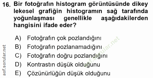 16. soru: Bir fotoğrafın histogram görüntüsünde dikey lekesel grafiğin histogramın sag tarafinda yoğunlaşması genellikle aşağıd…