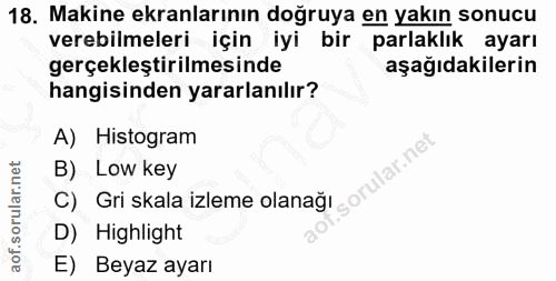 18. soru: Makine ekranlarının doğruya en yakın sonucu verebilmeleri için iyi bir parlaklık ayarı gerçekleştirilmesinde aşağıdak…