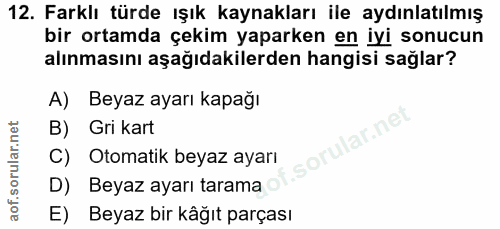 12. soru: Farklı türde ışık kaynakları ile aydınlatılmış bir ortamda çekim yaparken en iyi sonucun alınmasını aşağıdakilerden h…