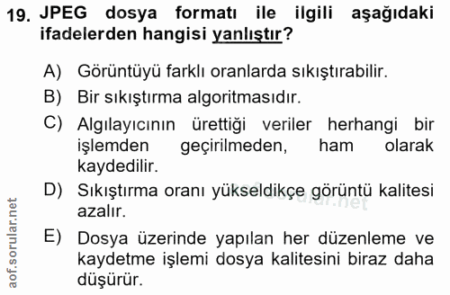 19. soru: JPEG dosya formatı ile ilgili aşağıdaki ifadelerden hangisi yanlıştır? A) Görüntüyü farklı oranlarda sıkıştırabilir.…