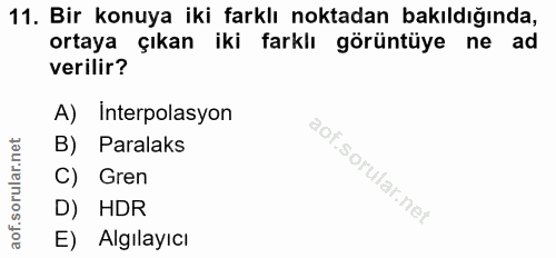 11. soru: Bir konuya iki farklı noktadan bakıldığında, ortaya çıkan iki farklı görüntüye ne ad verilir? A) Interpolasyon B) Par…