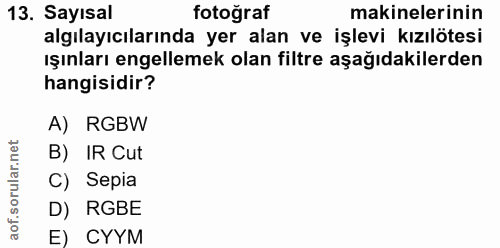 13. soru: Sayısal fotoğraf makinelerinin algılayıcılarında yer alan ve işlevi kızılötesi ışınları engellemek olan filtre aşağıd…
