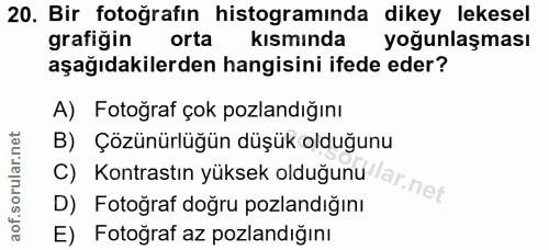 20. soru: Bir fotoğrafın histogramında dikey lekesel grafigin orta kısmında yoğunlaşması aşağıdakilerden hangisini ifede eder?…