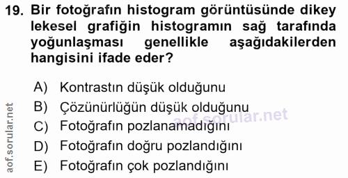 19. soru: Bir fotoğrafın histogram görüntüsünde dikey lekesel grafigin histogramın sag tarafinda yoğunlaşması genellikle aşağıd…