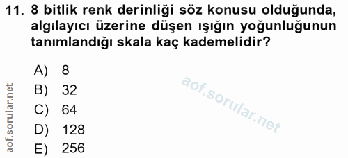 11. soru: 8 bitlik renk derinliği söz konusu olduğunda, algılayıcı üzerine düşen ışığın yoğunluğunun tanımlandığı skala kaç kad…