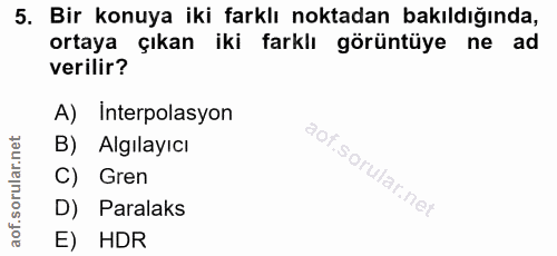5. soru: Bir konuya iki farklı noktadan bakıldığında, ortaya çıkan iki farklı görüntüye ne ad verilir? A) Interpolasyon B) Alg…