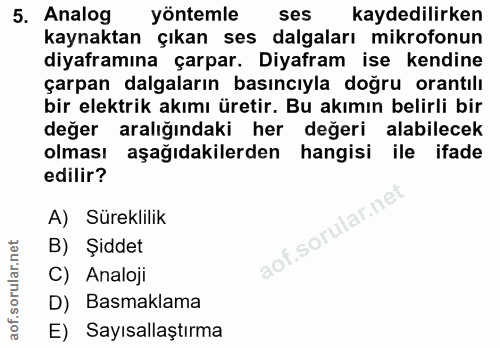 5. soru: Analog yöntemle ses kaydedilirken kaynaktan çıkan ses dalgaları mikrofonun diyaframına çarpar. Diyafram ise kendine ç…