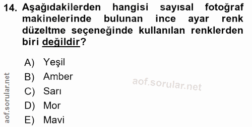 14. soru: Aşağıdakilerden hangisi sayısal fotoğraf makinelerinde bulunan ince ayar renk düzeltme seçeneğinde kullanılan renkler…