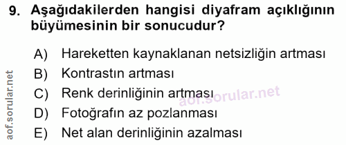 9. soru: Aşağıdakilerden hangisi diyafram açıklığının büyümesinin bir sonucudur? A) Hareketten kaynaklanan netsizliğin artması…