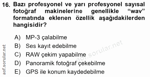 16. soru: Bazı profesyonel ve yarı profesyonel sayısal fotoğraf makinelerine genellikle "wav" formatında eklenen özellik aşağıd…