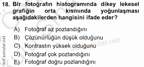 18. soru: Bir fotoğrafın histogramında dikey lekesel grafigin orta kısmında yoğunlaşması aşağıdakilerden hangisini ifade eder?…