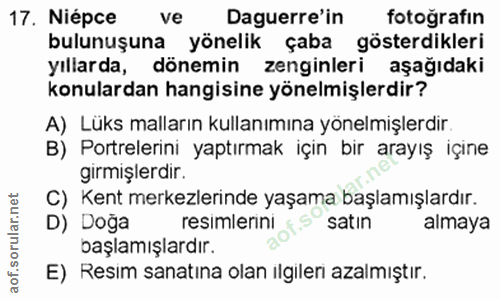 17. soru: Niépce ve Daguerre'in fotoğrafın bulunuşuna yönelik çaba gösterdikleri yıllarda, dönemin zenginleri aşağıdaki konular…