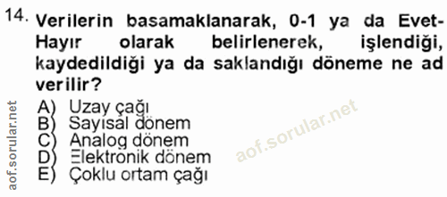 14. soru: Verilerin basamaklanarak, 0-1 ya da Evet- Hayır olarak belirlenerek, işlendiği, kaydedildiği ya da saklandığı döneme…