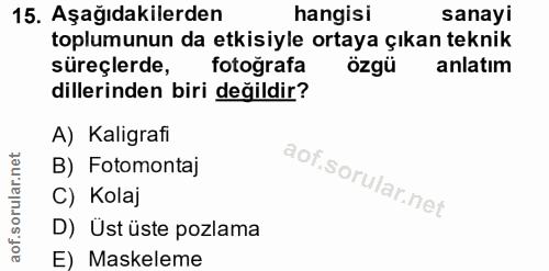 15. soru: Aşağıdakilerden hangisi sanayi toplumunun da etkisiyle ortaya çıkan teknik süreçlerde, fotoğrafa özgü anlatım dilleri…