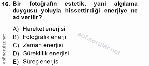 16. soru: Bir fotoğrafin estetik, yani algılama duygusu yoluyla hissettirdiği enerjiye ne ad verilir? A) Hareket enerjisi B) Fo…